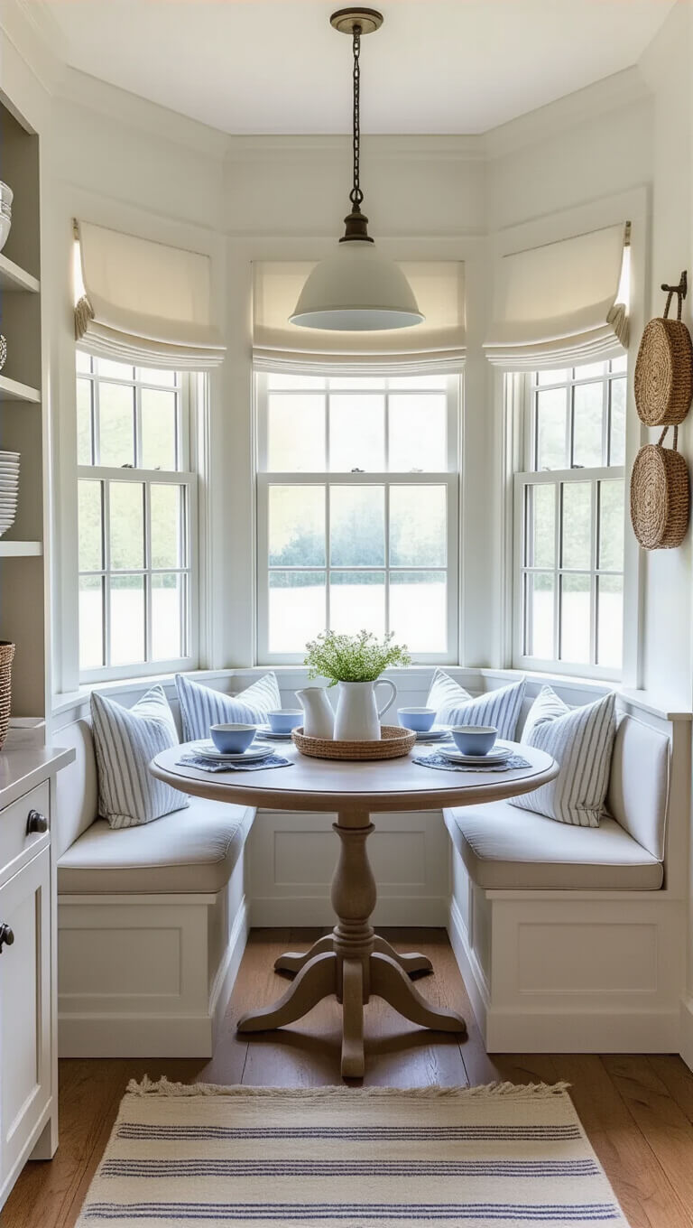 Cozy farmhouse kitchen nook with built-in banquette, rustic table, distressed white hutch, and vintage rug, softly lit by morning light through sheer roman shades.