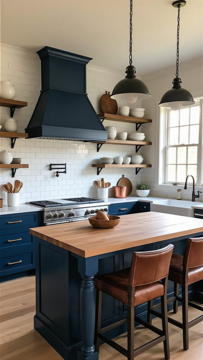 Farmhouse kitchen with Alabaster walls and navy blue cabinets, butcher block island, pendant lights, open shelving, and golden hour lighting.