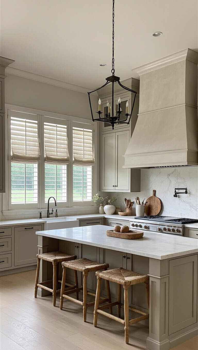Modern farmhouse kitchen with greige shaker cabinets, large central island, and vintage-modern decor, viewed from corner with natural and recessed lighting.
