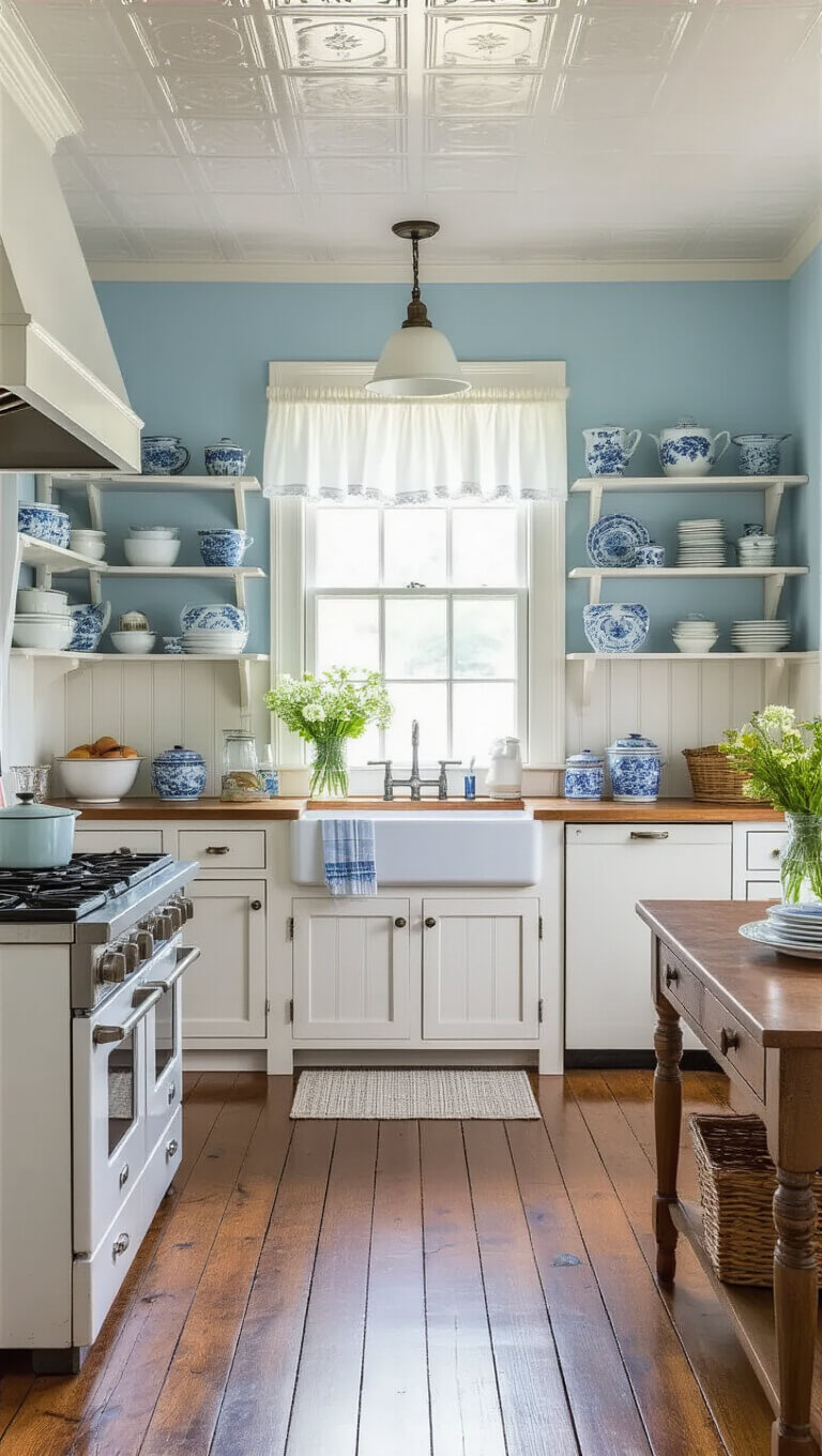 Farmhouse kitchen with cornflower blue walls, white beadboard wainscoting, tin ceiling, pine floors, antique hoosier cabinet, blue and white china, and farmhouse table under window with cafe curtains.