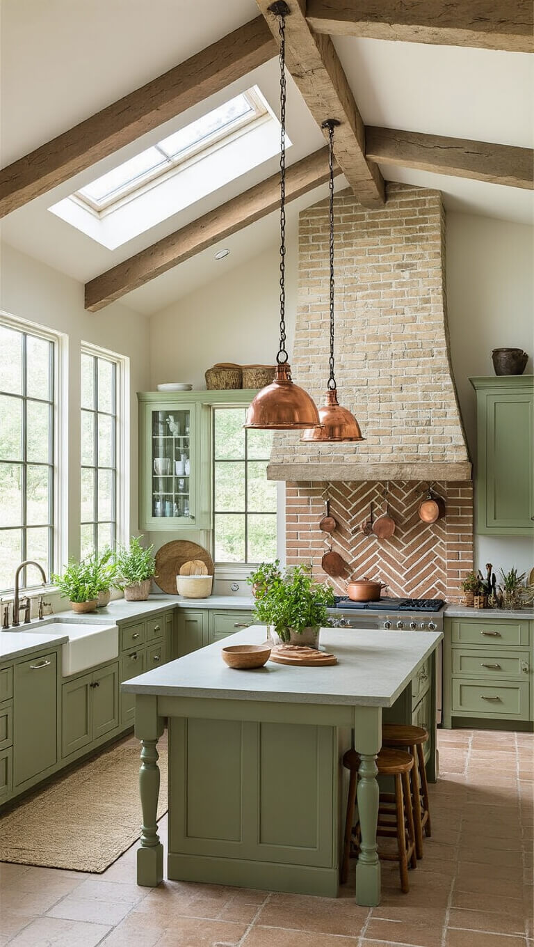 Aerial view of a bright farmhouse kitchen with sage green cabinets, vaulted ceiling with skylights, stone fireplace, large island, hanging copper pots, and abundant indoor plants.