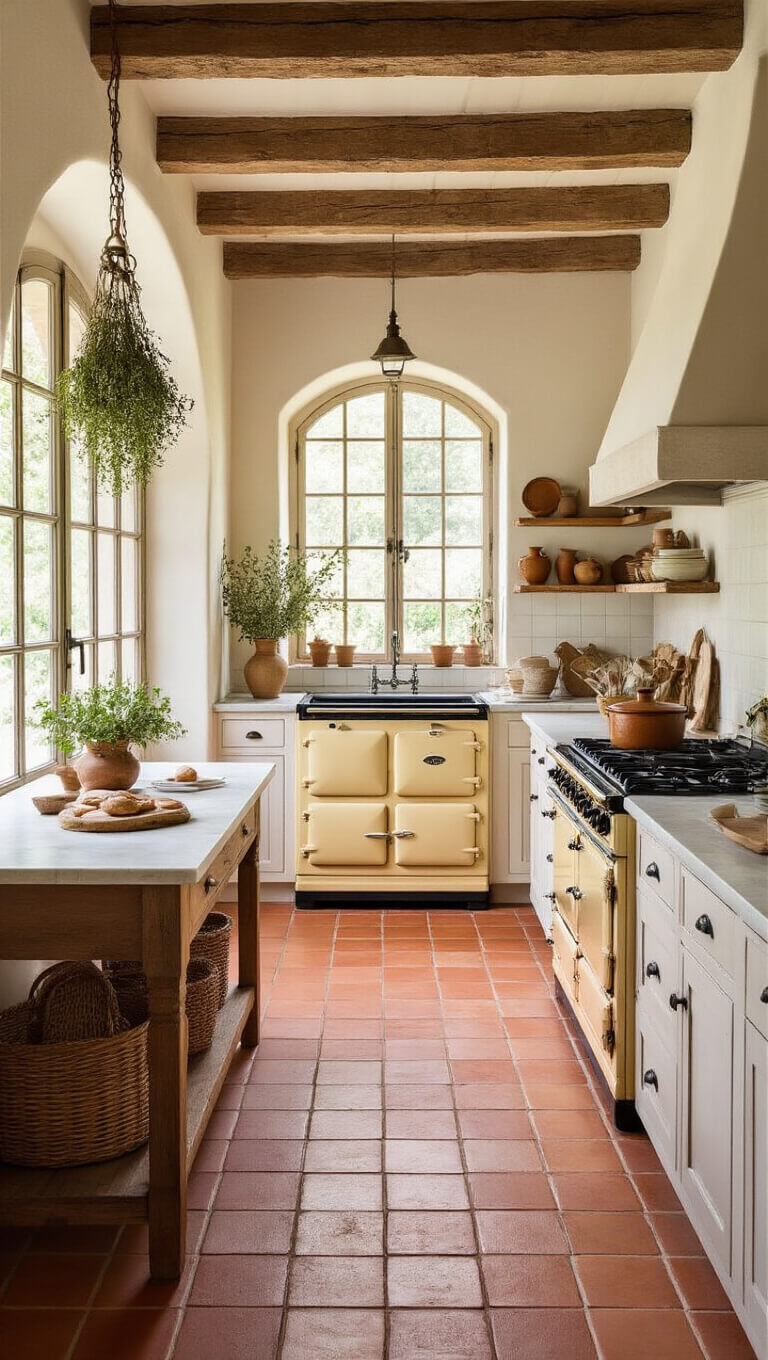 Cozy farmhouse kitchen with terra-cotta tiles, vintage cream Aga range, open shelves with pottery, and golden hour light streaming through wrought iron windows.