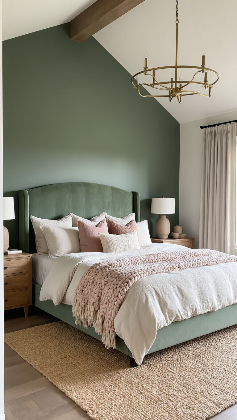 Spacious bedroom with vaulted ceilings, sage green accent wall, king-size bed with velvet headboard, layered linens, natural wood nightstands, jute rug, and brass chandelier in soft morning light.