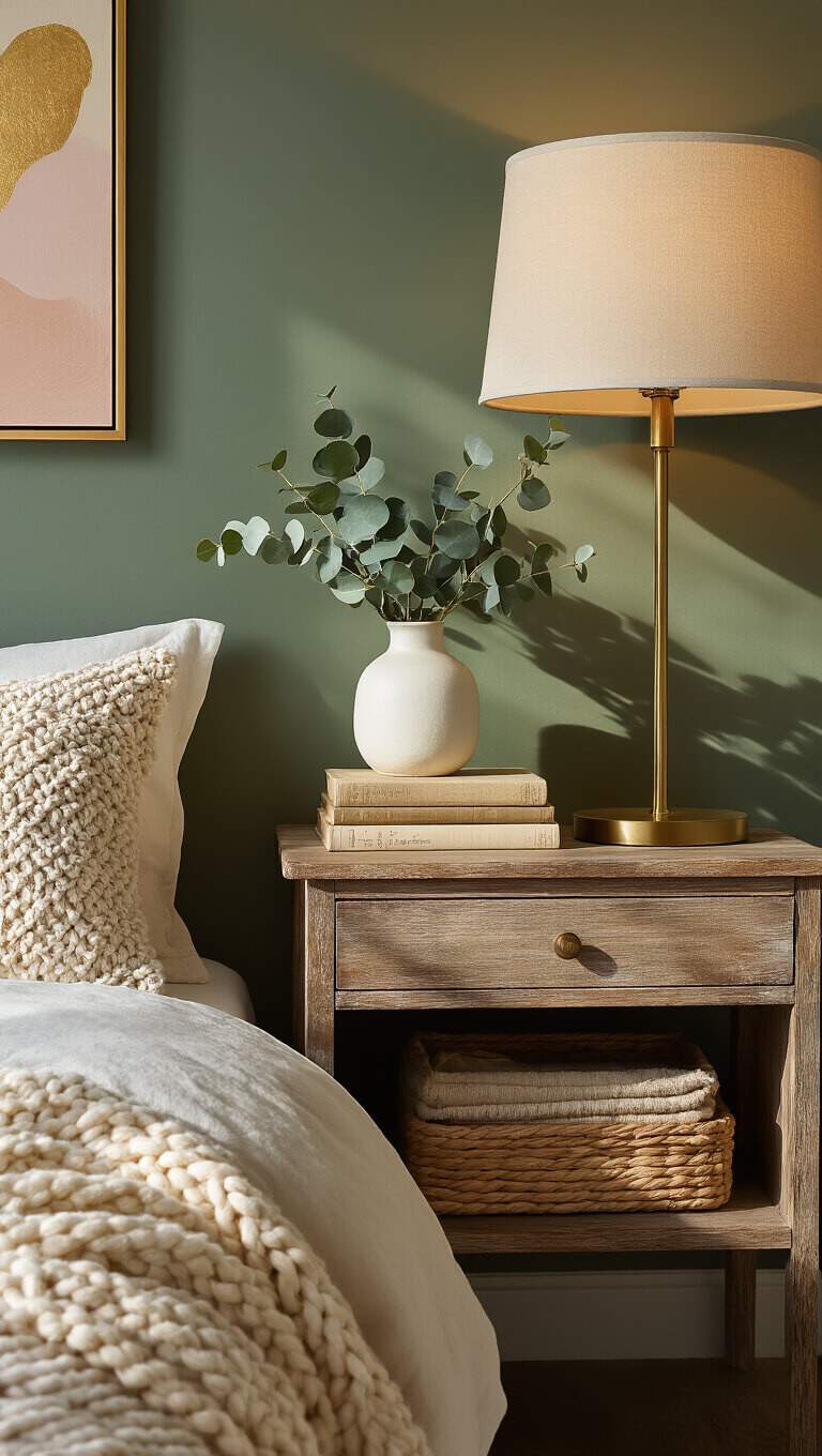 Close-up of styled dark sage green bedroom with vintage wood nightstand, eucalyptus in white vase, brass lamp, and warm golden hour lighting highlighting rich textures.