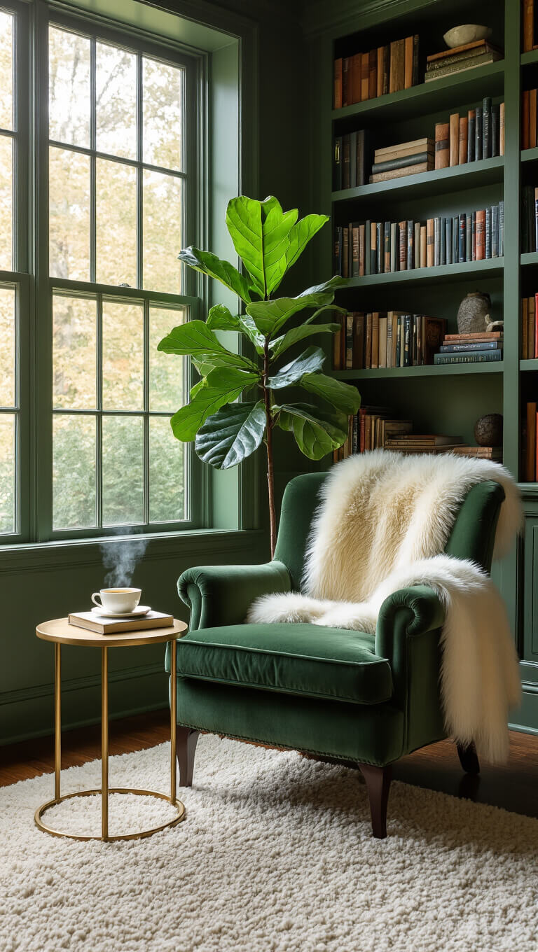 Cozy reading nook in a sage green bedroom with a velvet armchair, faux fur throw, gold side table, steaming tea, bookshelves, and afternoon sunlight through a bay window.