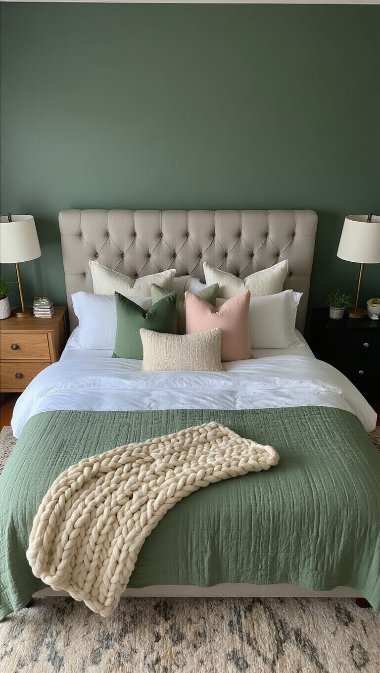 Overhead view of a king-size bed with sage green bedding, tufted gray headboard, and assorted pillows in green, cream, and blush, in a dark green bedroom with soft evening light.