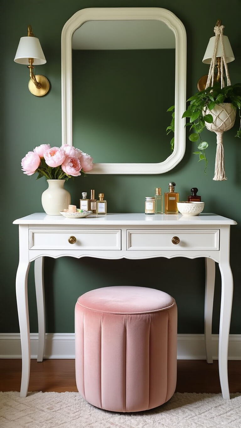 White vintage vanity against sage green wall with brass sconces, fresh peonies, perfume bottles, and a blush pink velvet stool in bright natural light.