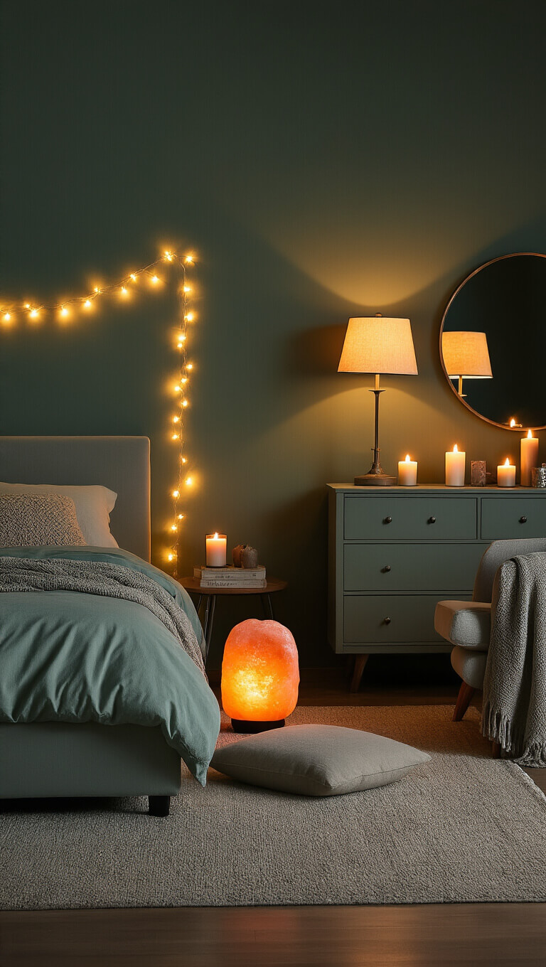 Twilight view of a dark sage green bedroom with warm mood lighting from string lights, a Himalayan salt lamp, candles, and a floor lamp, creating a cozy, intimate atmosphere.
