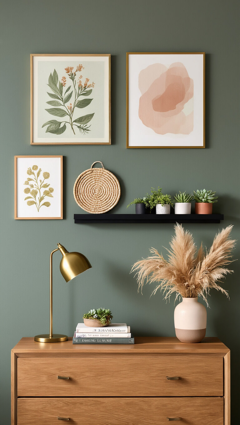 Gallery wall in dark sage green bedroom with framed art, potted plants on black ledge, and styled wooden dresser with brass lamp and pampas grass.