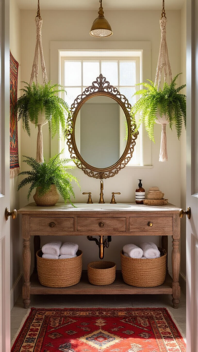 Bohemian-style 5x7 ft bathroom with wooden vanity, brass-framed mirror, hanging ferns, Moroccan rug, and warm afternoon light.