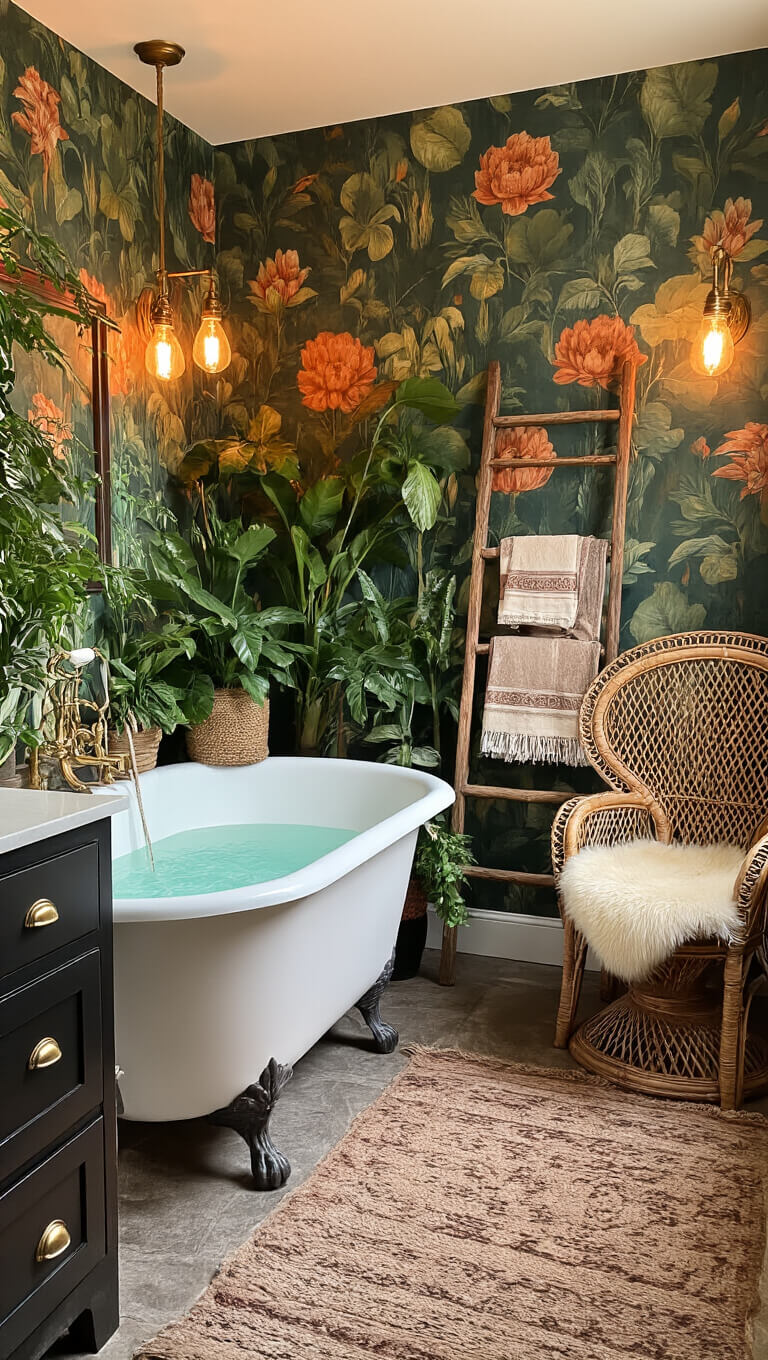 Boho-chic bathroom with clawfoot tub, lush plants, floral wallpaper, vintage ladder towel rack, rattan chair, and warm Edison lighting.