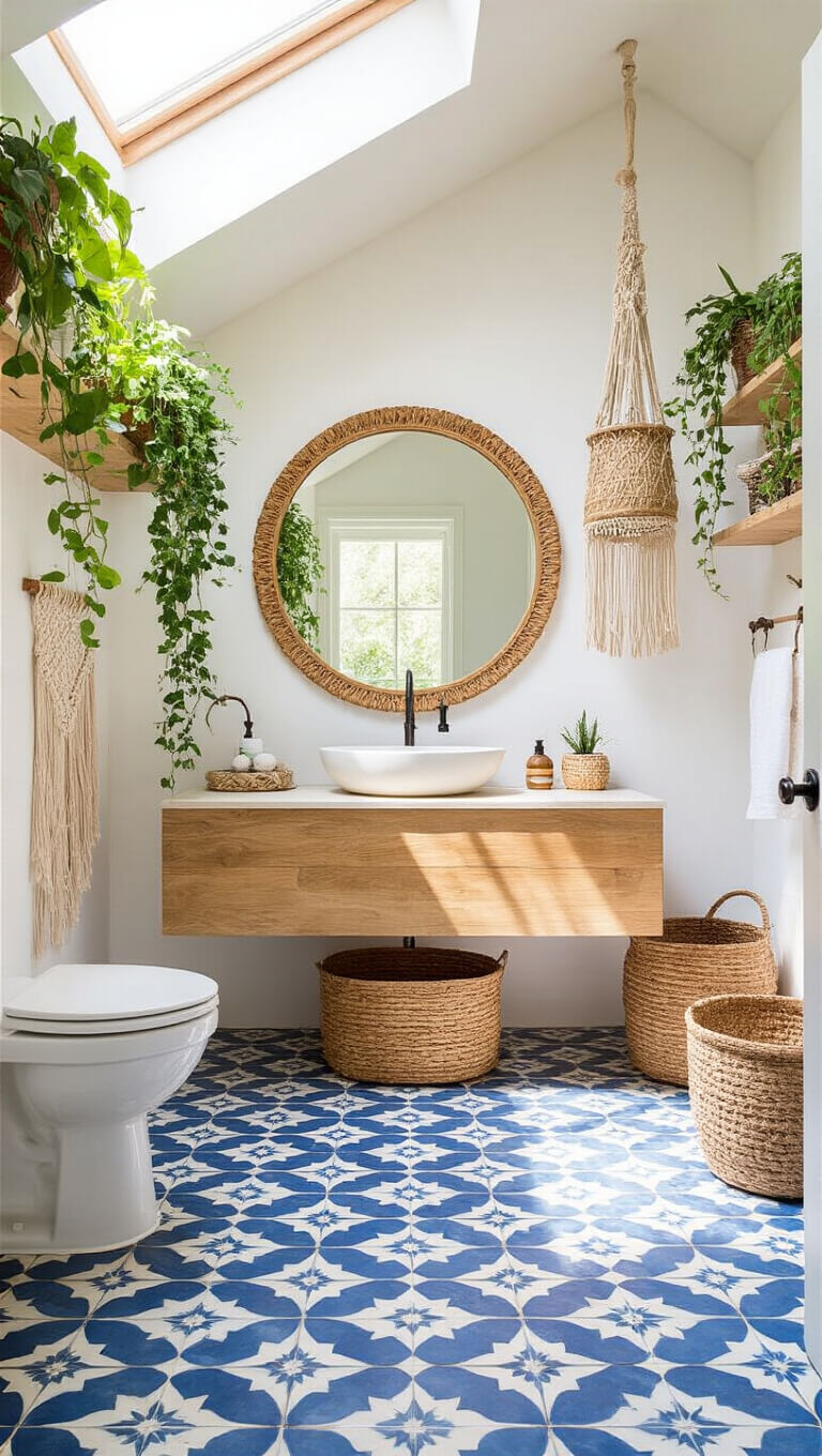 Boho bathroom with Moroccan tile floor, floating wooden vanity, skylight, macramé decor, rattan mirror, and trailing plants.
