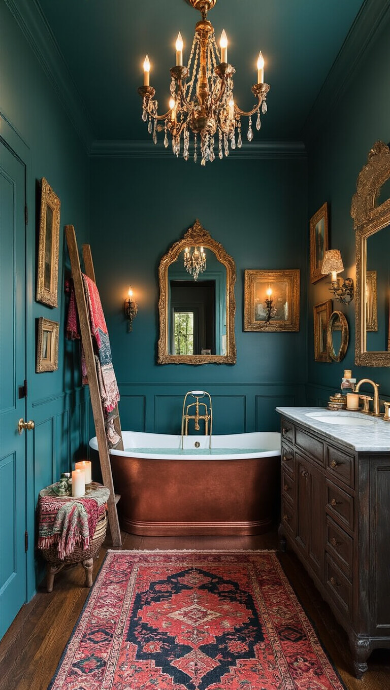 Moody boho bathroom with dark teal walls, copper tub, vintage chandelier, and antique decor in warm candlelight.