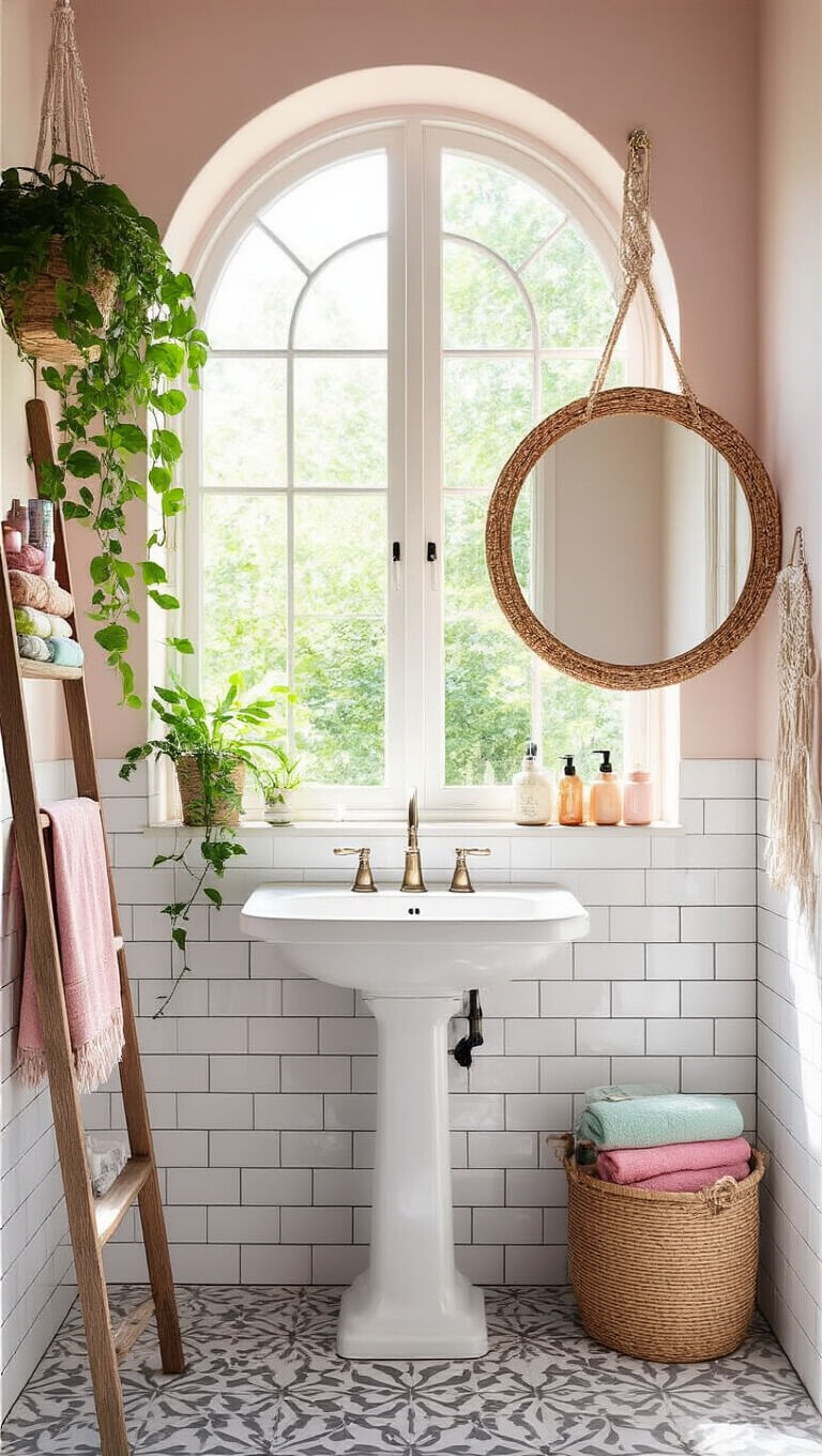 Boho-style small bathroom with blush pink walls, subway tiles, arched window, hanging plants, rattan mirror, and patterned cement floor.