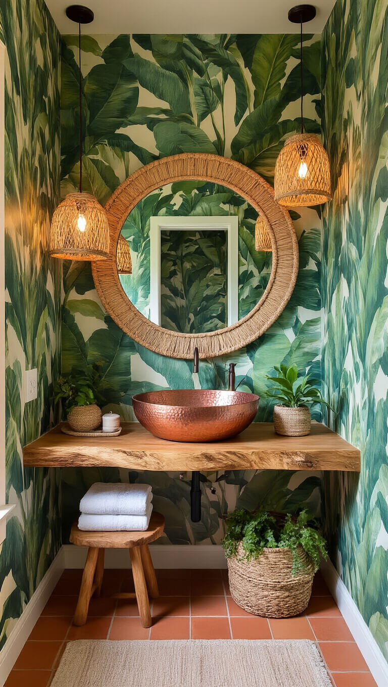 Boho powder room with tropical leaf wallpaper, floating wood vanity with copper sink, jute-framed mirror, rattan pendant lights, terracotta tile floor, and decor with plants and Turkish towels.