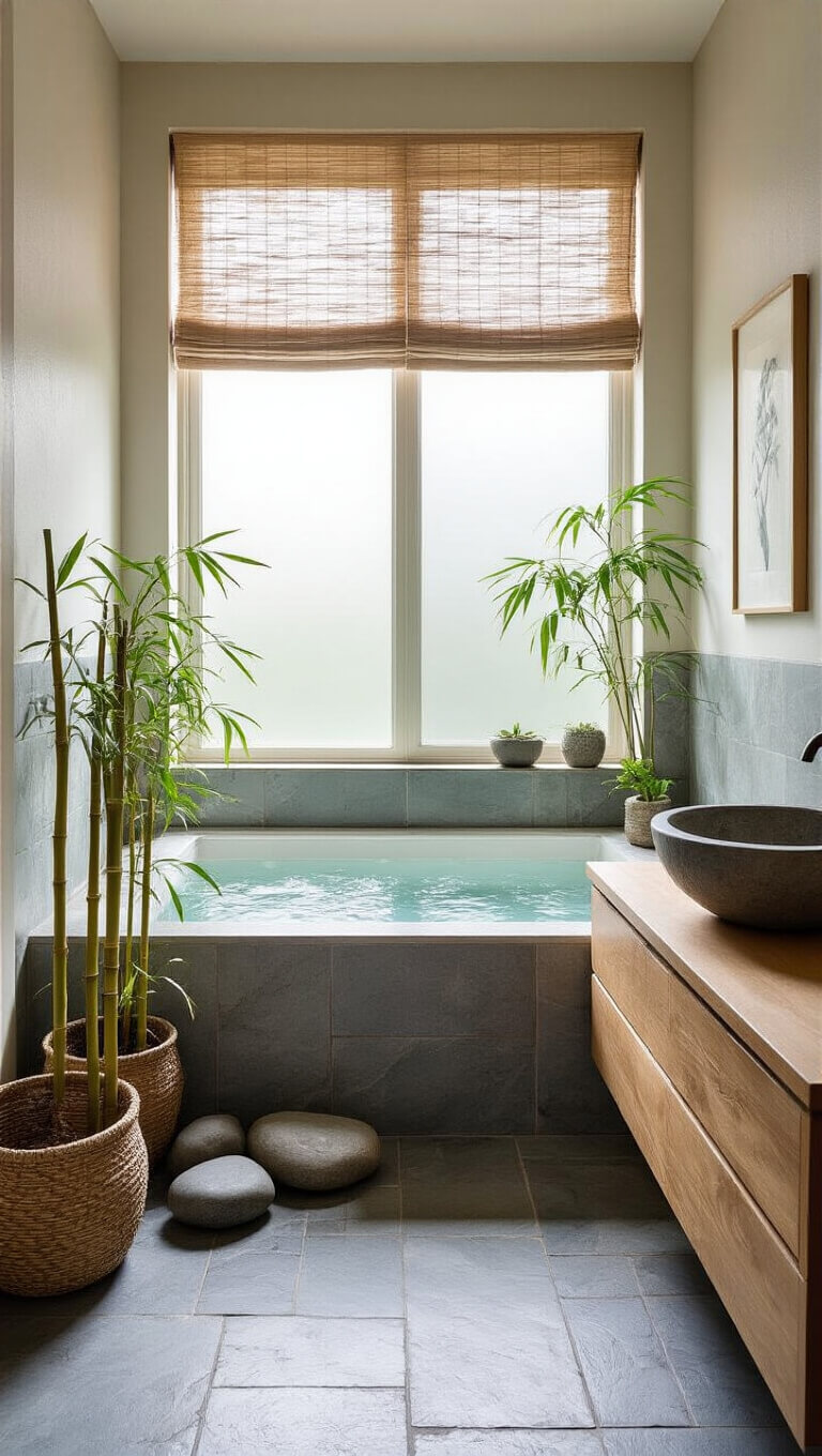 Zen-inspired boho bathroom with Japanese soaking tub, river rocks, bamboo, and teak vanity in soft natural light.