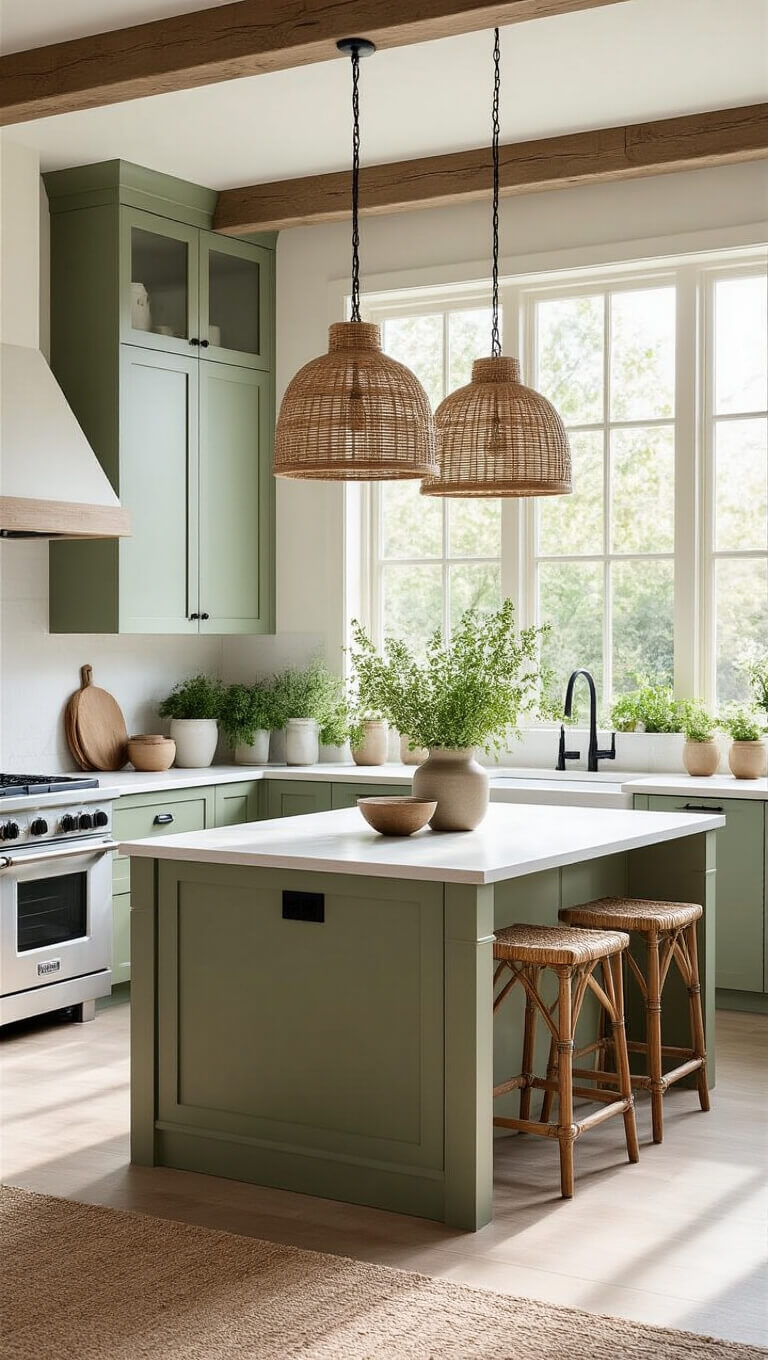 Sage green modern farmhouse kitchen with white quartz countertops, central island with weathered wood, rattan pendant lights, and open shelves displaying herbs.