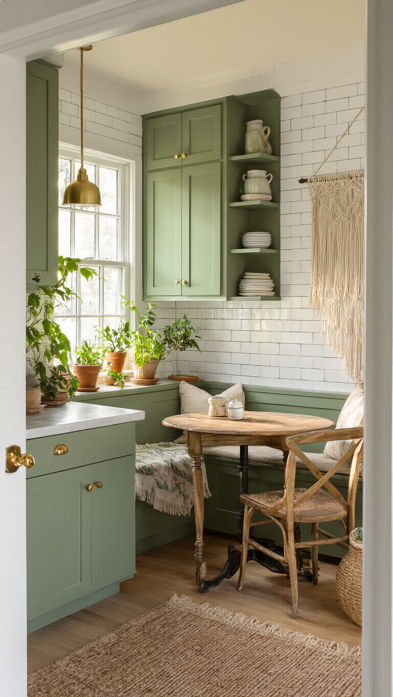 Cozy sage green kitchen nook with rustic table, vintage chairs, brass fixtures, potted plants, and macramé wall hanging in warm golden hour light.
