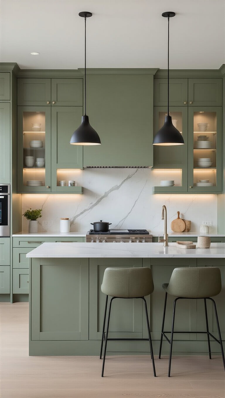 Contemporary sage green kitchen with stainless steel island, marble backsplash, and matte black pendant lights under soft evening lighting.