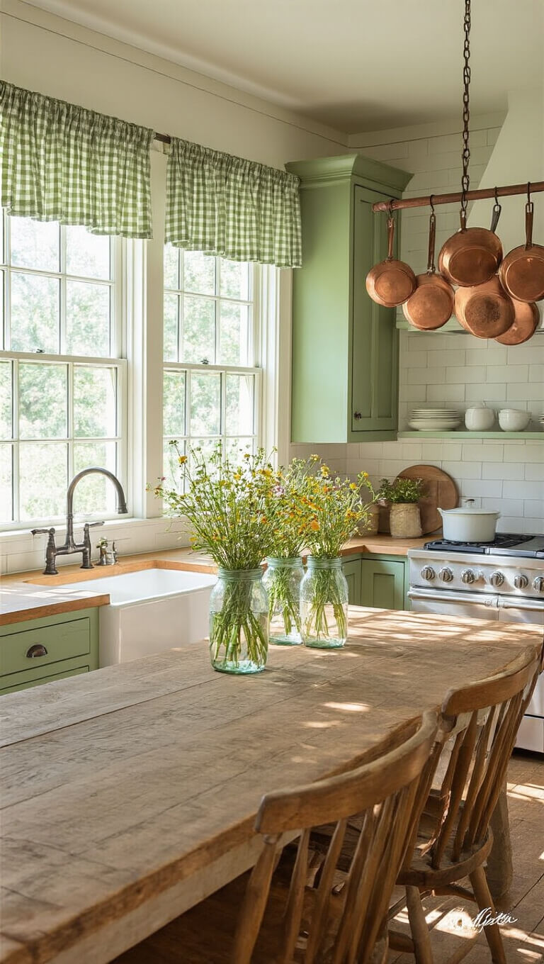 Charming sage green farmhouse kitchen with butcher block counters, apron sink, farmhouse table, Windsor chairs, and copper pots in bright sunlight.