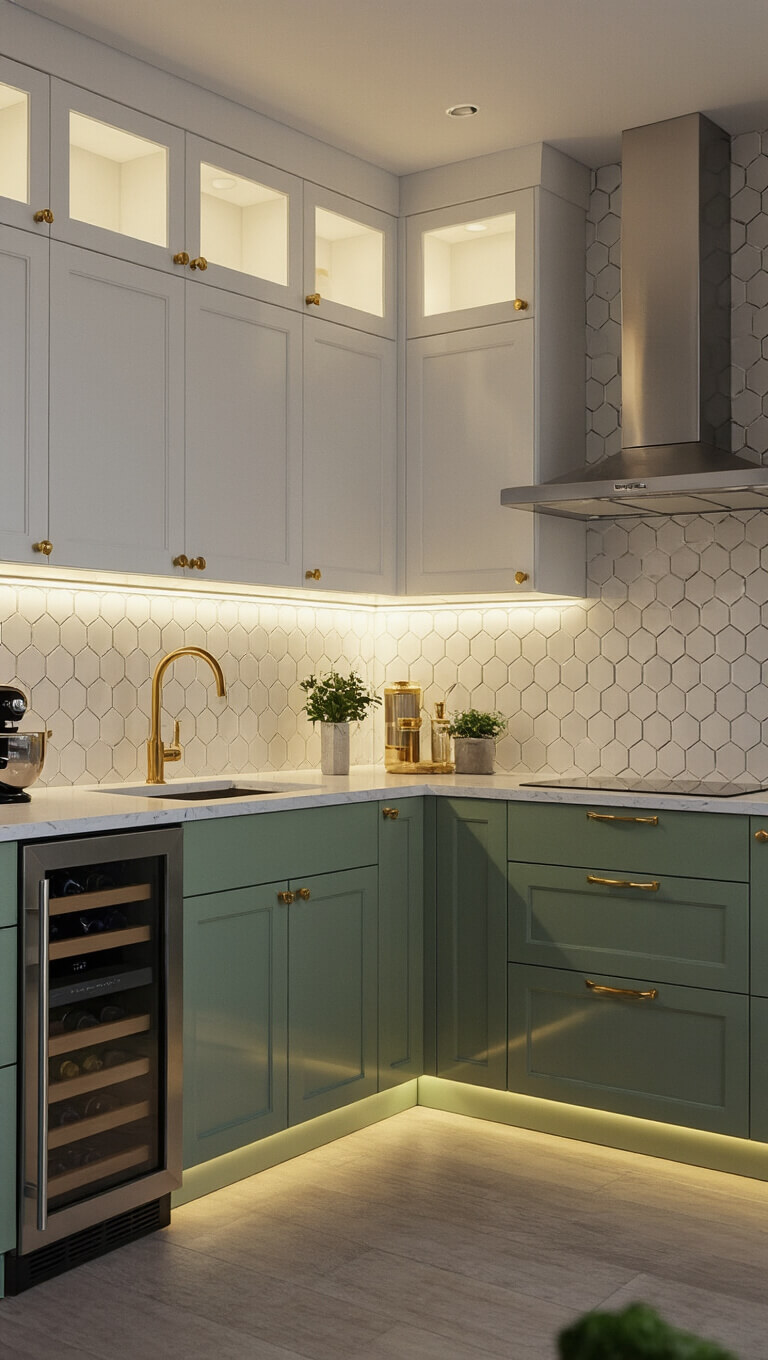 Modern sage green and white kitchen with LED lighting, quartz waterfall island, gold accents, and geometric backsplash at twilight.