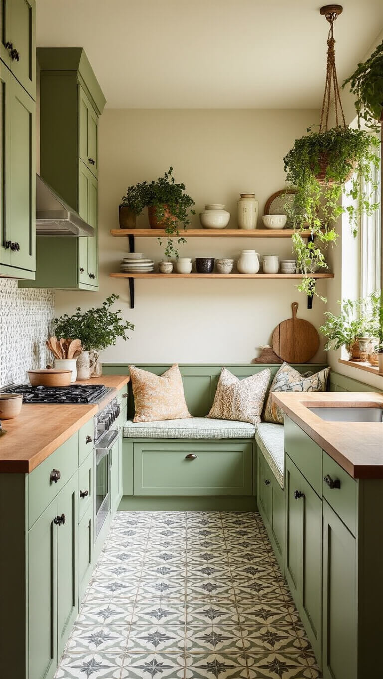 Cozy sage green galley kitchen with wooden countertops, patterned tile floor, open shelving, vintage ceramics, and a breakfast nook with trailing plants.