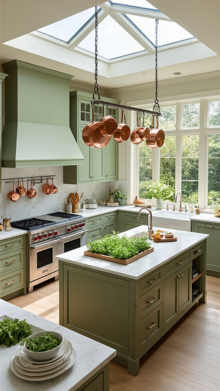 A spacious sage green chef's kitchen with marble countertops, skylight, central island with herb garden, stainless steel appliances, and garden-view windows.