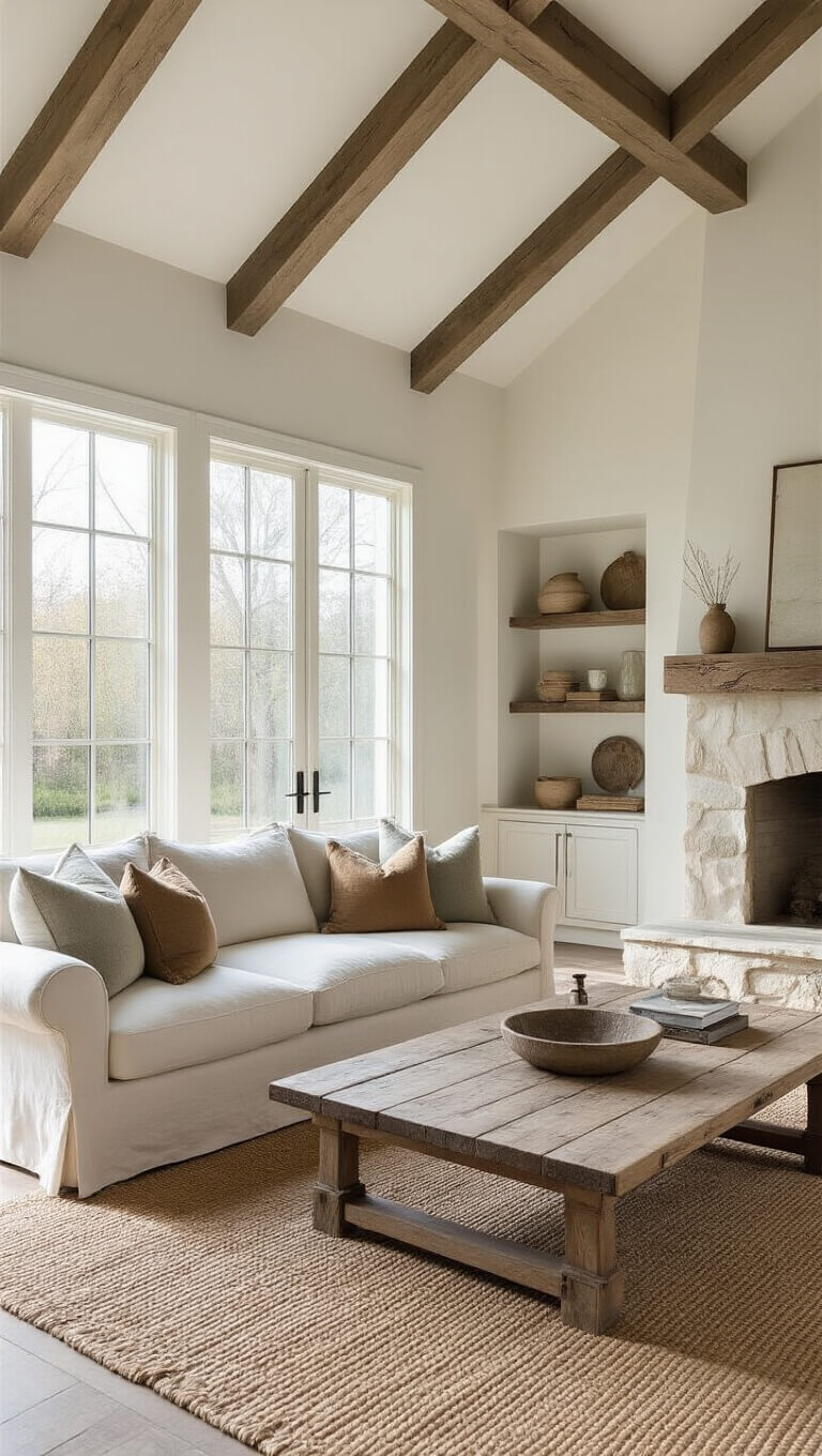 Cozy, spacious living room with vaulted ceilings, exposed wooden beams, large windows, ivory sofa, rustic decor, and a stone fireplace.