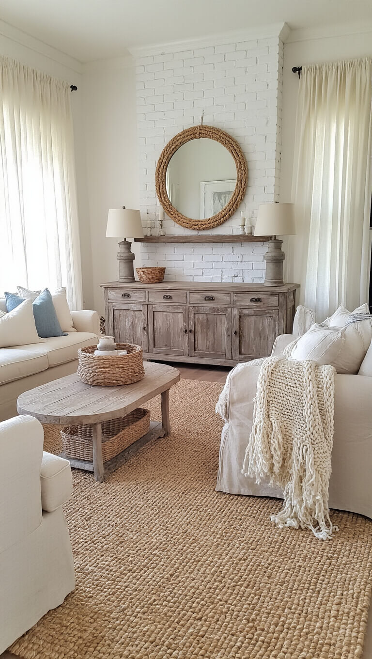 Cozy 12x15 ft living room with oatmeal slipcovered sofa, vintage accents, and textured rugs in warm neutrals and dusty blue, softly lit by morning light through sheer curtains.