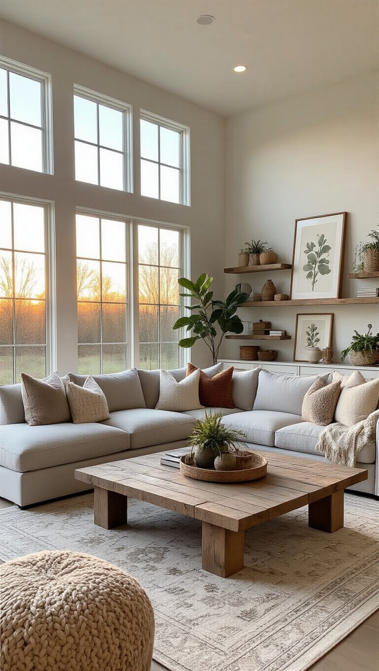 Golden hour light fills a cozy 16x18 ft open-concept living space featuring a grey linen sectional with textured pillows, a reclaimed wood coffee table, and built-in shelves with vintage decor and plants.