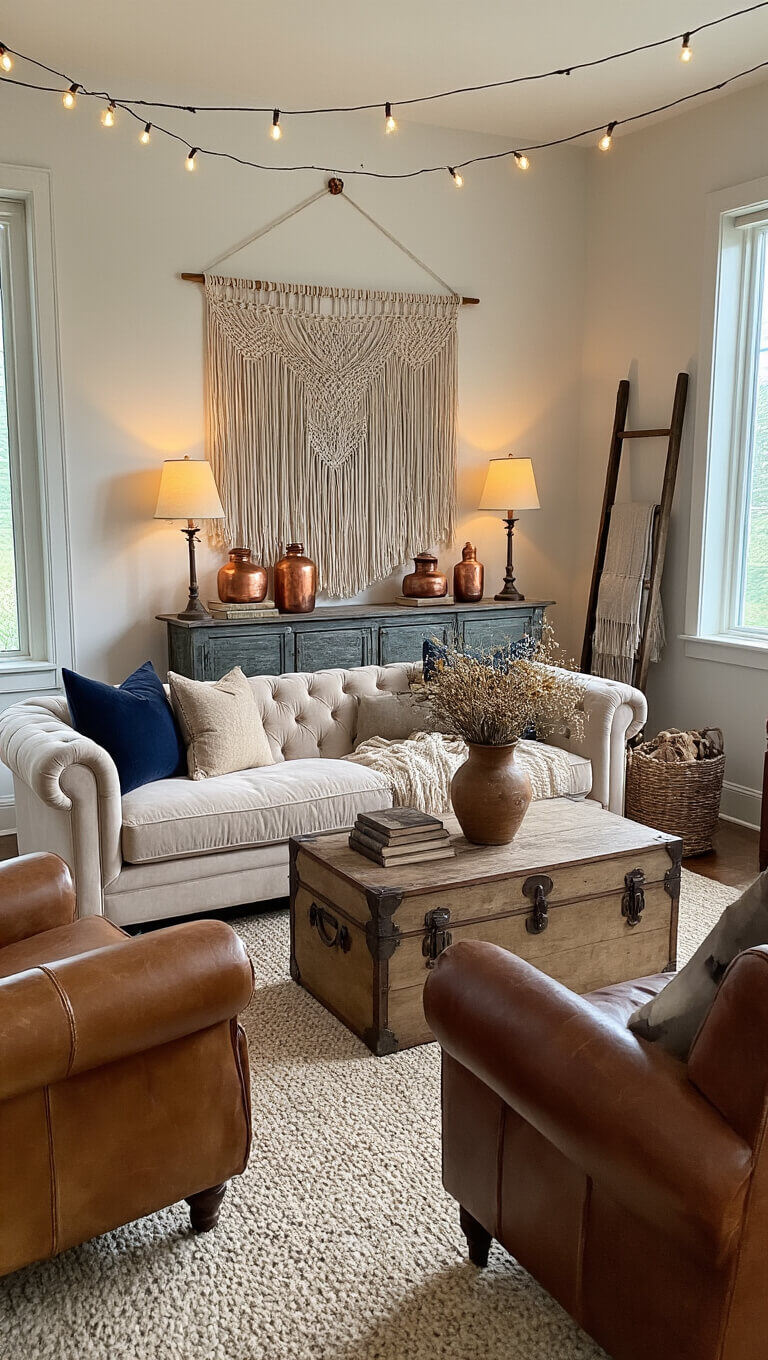 Cozy 14x16 ft living room on a rainy afternoon with warm lighting, featuring a beige velvet sofa, leather armchairs, wooden trunk coffee table, dried wildflowers, antique accents, and a macramé wall hanging.