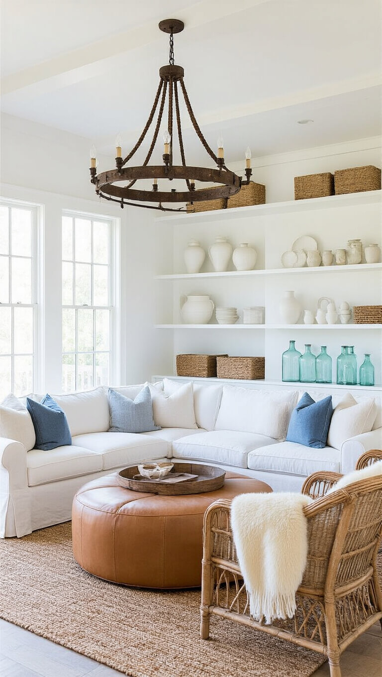 Airy 18x20 ft living room with white L-shaped sectional, rattan chairs, camel leather ottoman, distressed wood chandelier, and natural-toned decor with soft blue and sage accents.