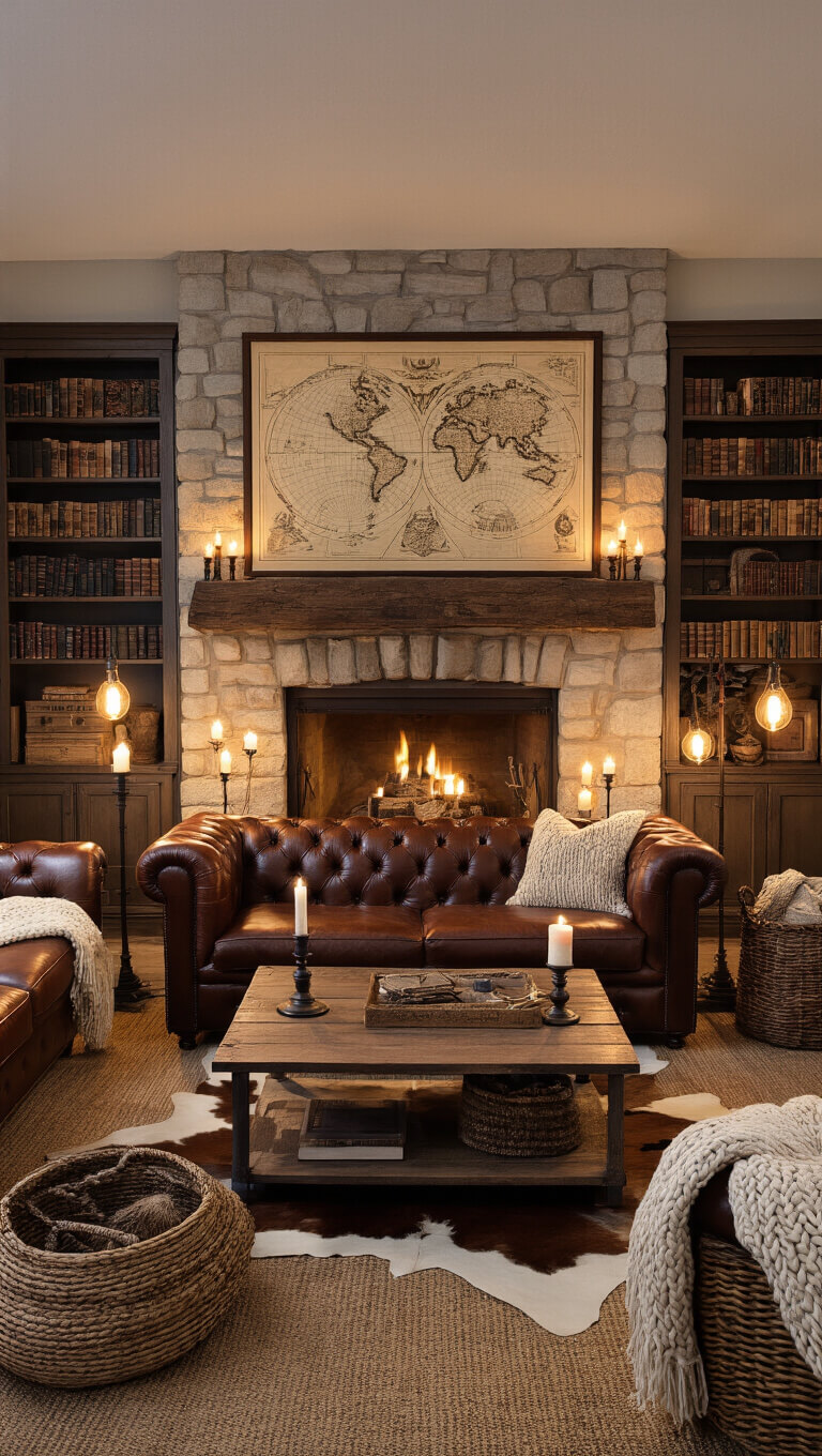 Cozy living room at dusk with warm lighting, featuring a cognac Chesterfield sofa, antique map above a stone fireplace, built-in bookcases, layered rugs, and rustic decor in rich, earthy tones.