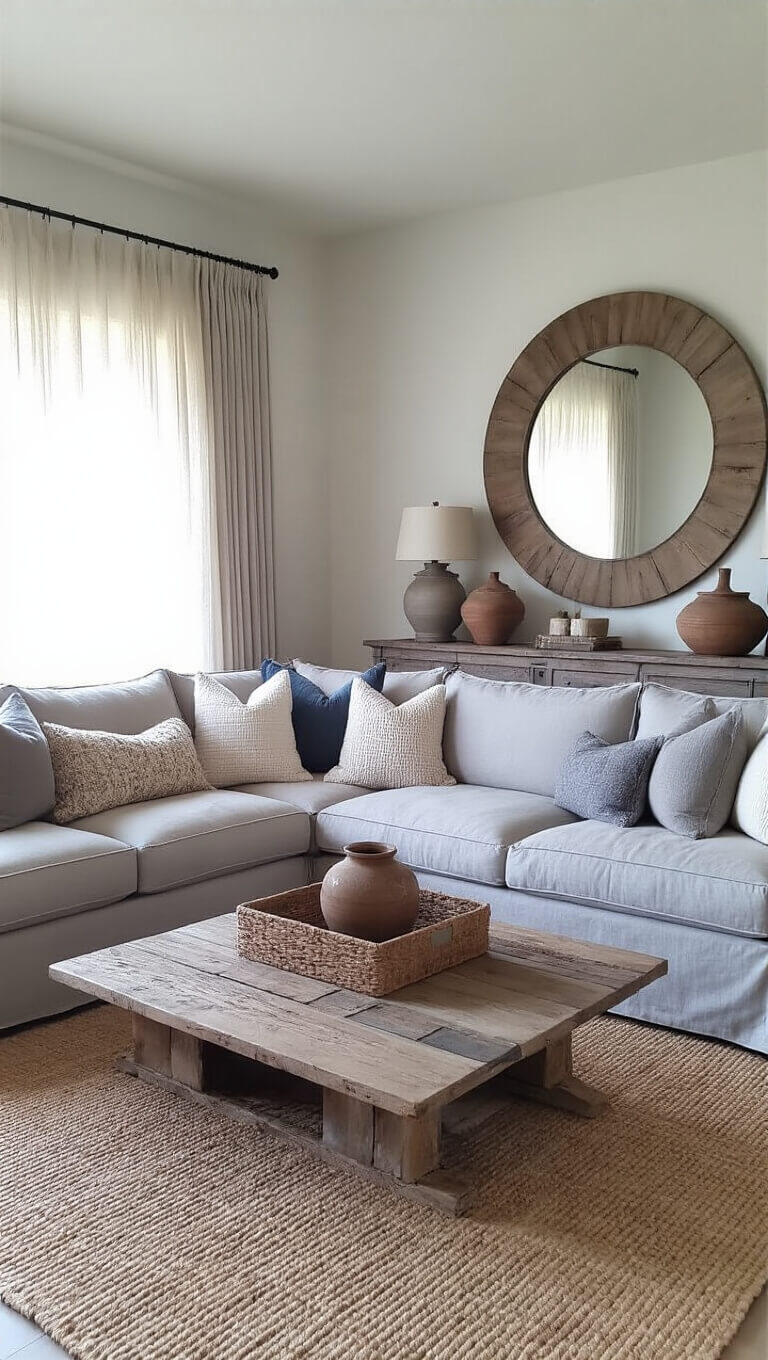 Cozy 16x18 ft living room at twilight with a warm grey linen sectional, textured pillows, reclaimed wood coffee table on layered rugs, and a rustic mirror reflecting soft natural and lamp light.