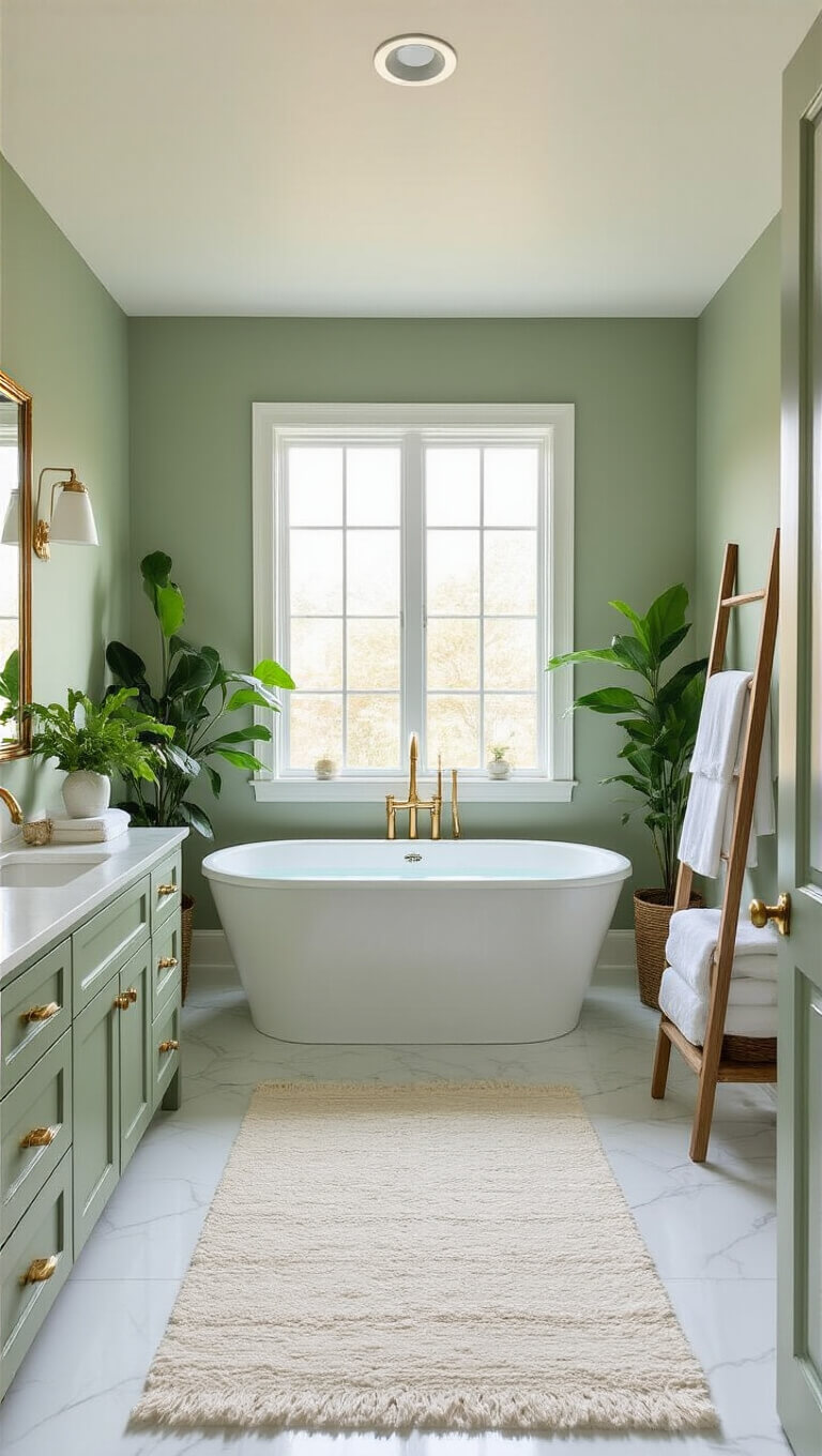 Spacious sage green bathroom with freestanding white tub, double vanity, white marble floors, and morning light streaming through a large window.