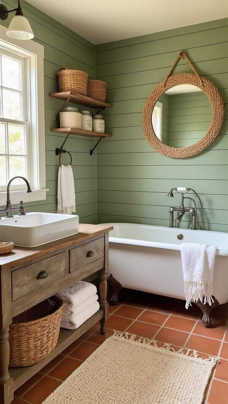 Cozy farmhouse bathroom with sage green shiplap walls, clawfoot tub under a window, weathered wood vanity, terracotta floor tiles, and rustic decor in warm golden hour light.