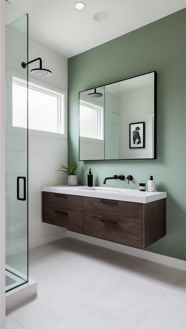 Modern bathroom with sage green accent wall, dark wood floating vanity, large frameless mirror, matte black fixtures, and glass walk-in shower.