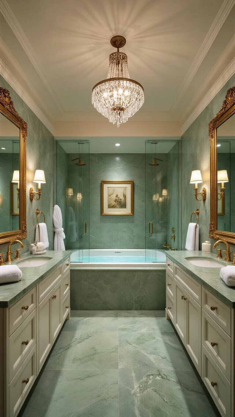 Luxurious master bathroom with sage green marble, chandelier over soaking tub, double white vanities with gold hardware, glass shower, and dramatic evening lighting.