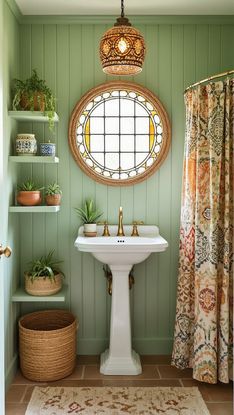 Boho-style compact bathroom with sage green wainscoting, pedestal sink with brass fixtures, rattan mirror, open shelves with ceramics, patterned shower curtain, woven baskets, and Moroccan pendant light.