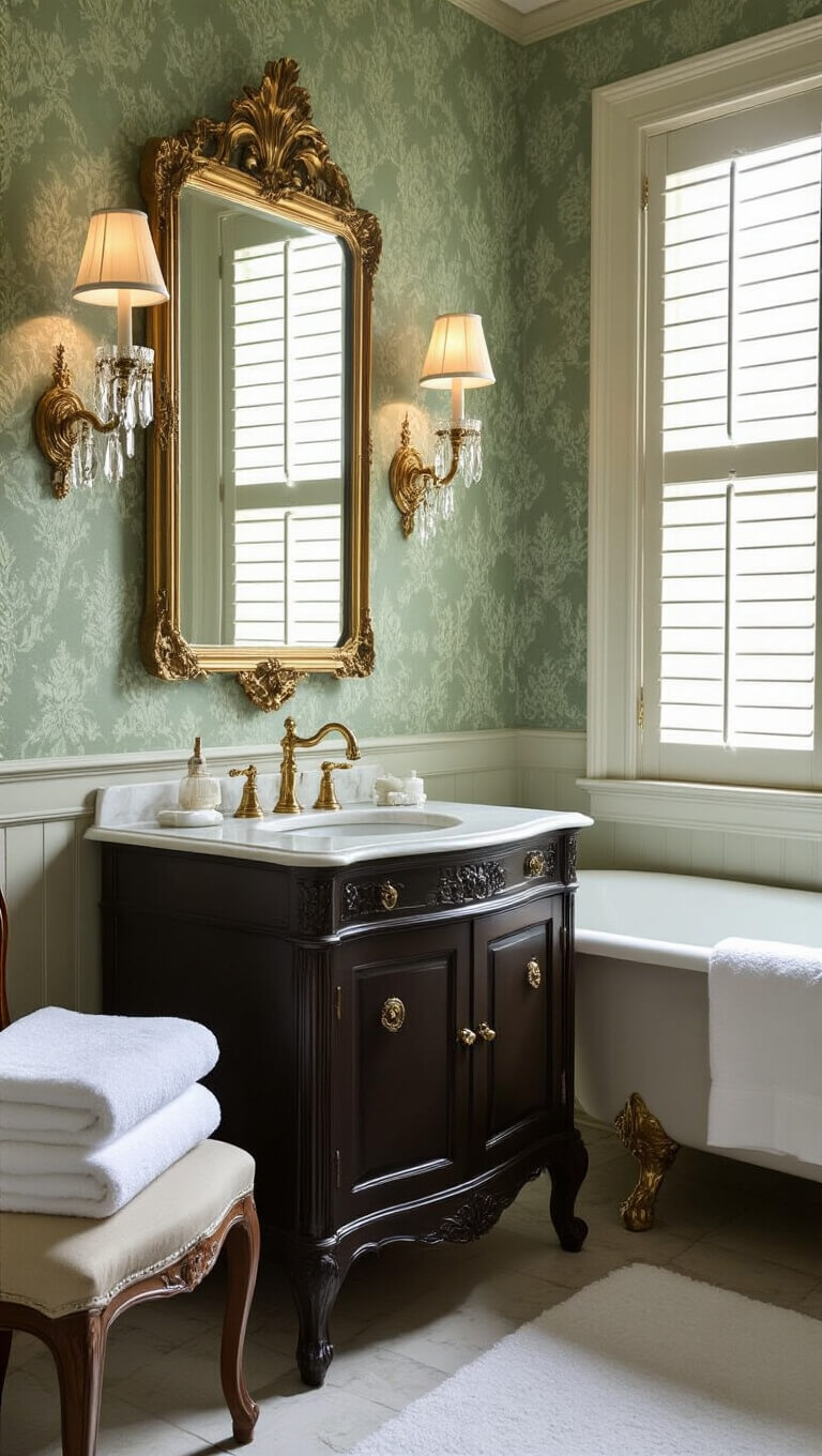 Elegant Victorian-style bathroom with sage green damask wallpaper, dark wood vanity with marble top, gold-framed mirror, clawfoot tub, and soft natural lighting.