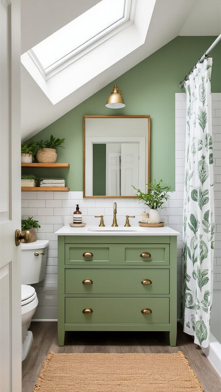 Budget-friendly bathroom makeover featuring a sage green repurposed vintage vanity with brass pulls, white tiles, a frameless mirror, plant-filled floating shelves, and a skylight casting afternoon light.