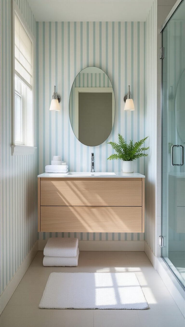 Compact 6x8 ft bathroom with high ceilings, pale blue and white vertical striped wallpaper, light wood floating vanity, oval mirror, glass shower, chrome fixtures, and soft morning light filtering through a frosted window.