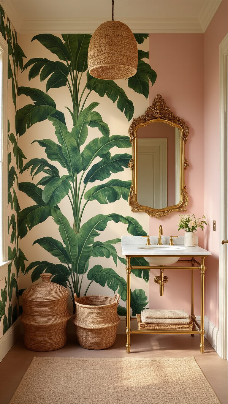Powder room with tropical botanical wallpaper, blush pink walls, brass washstand, gold mirror, rattan pendant, and warm afternoon sunlight.