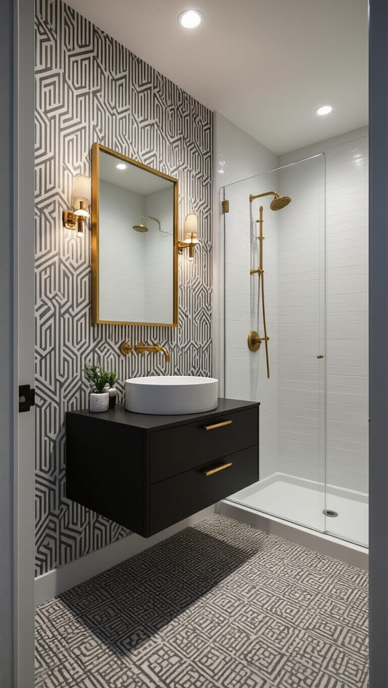 Modern 7x5 ft guest bathroom with geometric gray and white wallpaper, black floating vanity, round vessel sink, brushed gold accents, and white subway-tiled shower, viewed from a high corner angle.