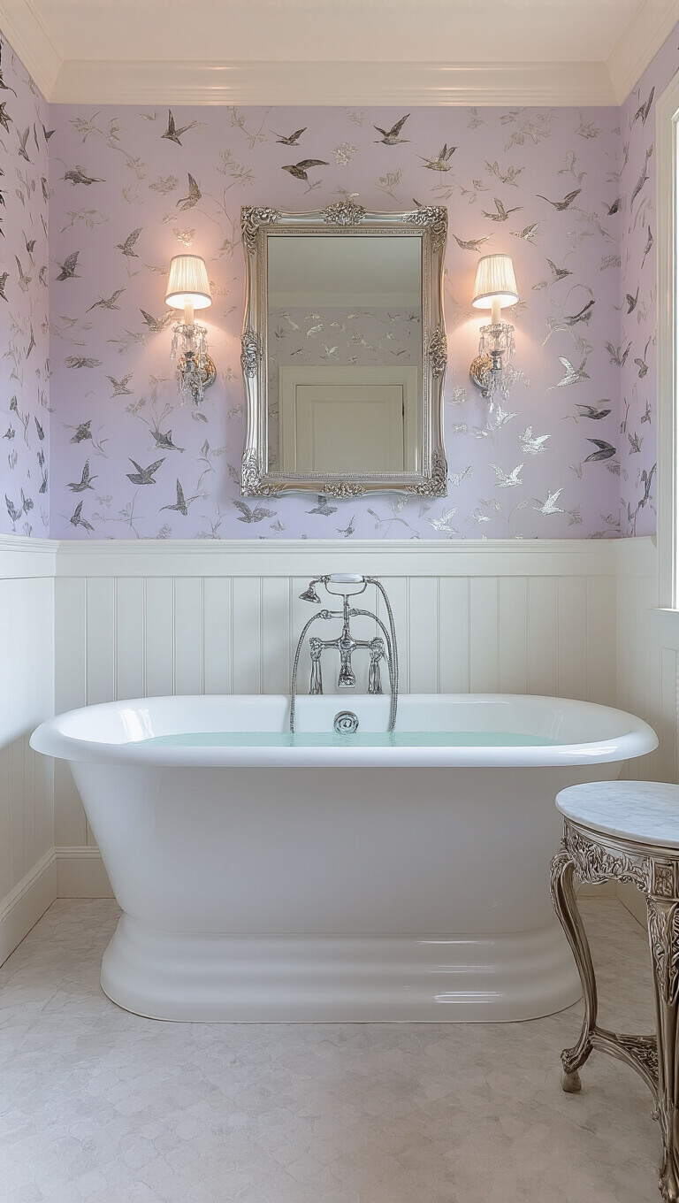 Elegant dawn-lit master bathroom with clawfoot tub, bird motif wallpaper, and marble vanity under soft LED lighting.