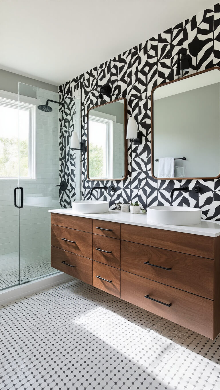Chic 5x8 ft ensuite bathroom with bold black and white geometric wallpaper, dove gray walls, walnut floating vanity with twin vessel sinks, frameless mirror, matte black fixtures, and glass walk-in shower with penny tile floor.