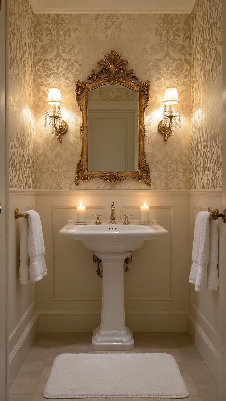 Romantic Victorian-style bathroom at dusk with candlelight, gold accents, metallic damask wallpaper, and elegant fixtures.