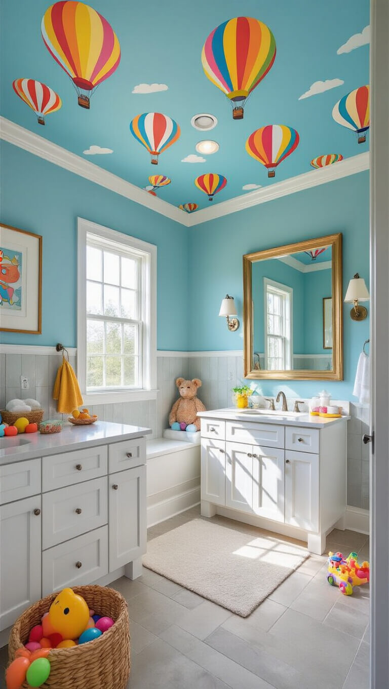 Low-angle view of a cheerful family bathroom with hot air balloon wallpaper on the ceiling, soft sky blue walls, white double vanity, and colorful accents in towels, toys, and artwork.