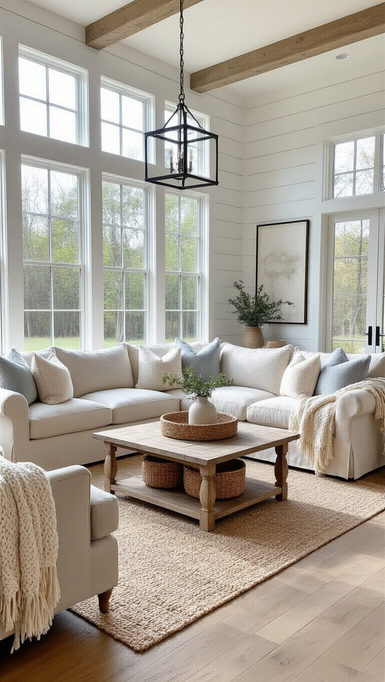 Modern farmhouse living room with oatmeal sofa, blue armchairs, wood coffee table, and natural light through large windows.