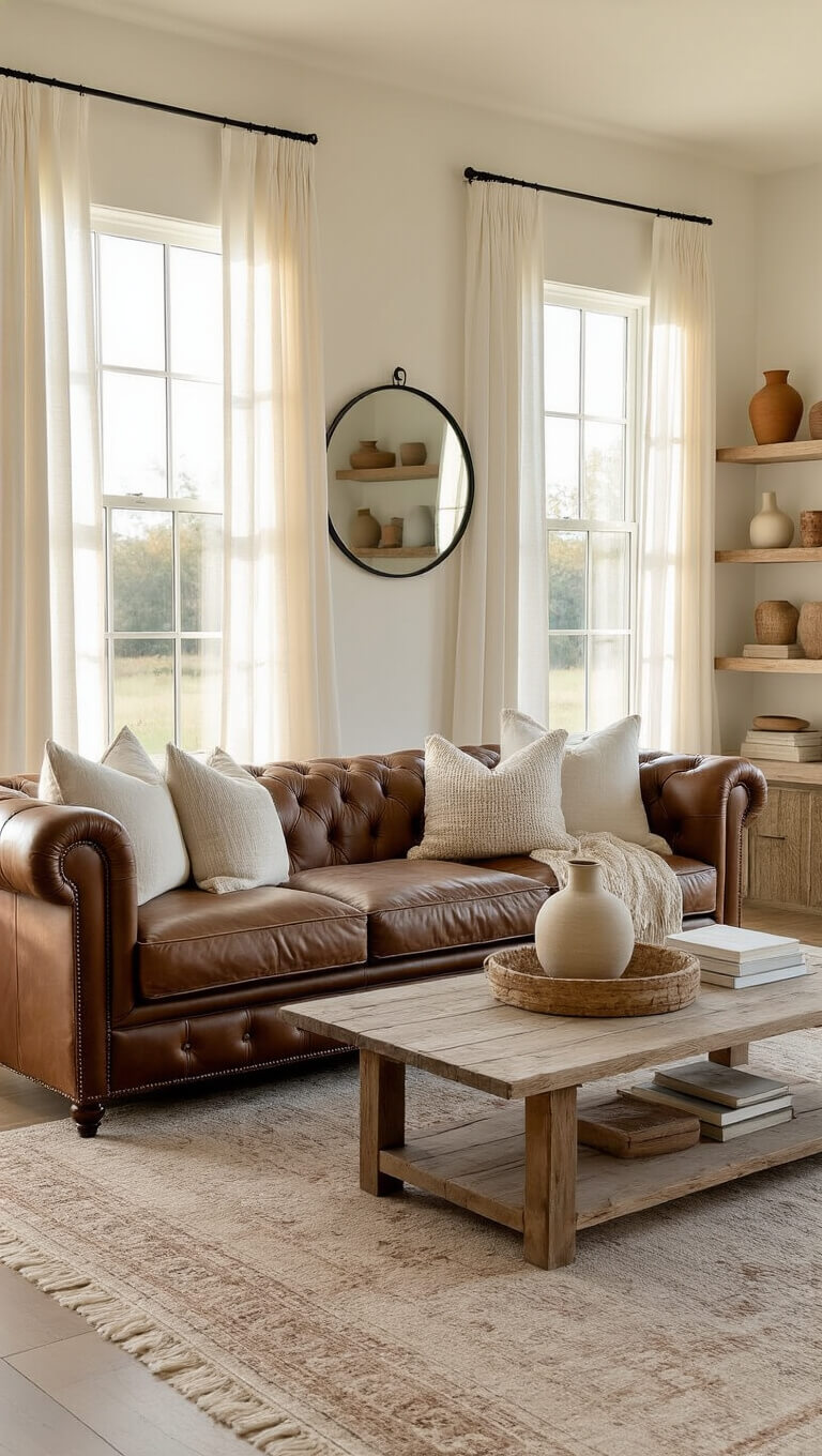 Cozy modern farmhouse living room with warm golden hour light, distressed leather sofa, rustic coffee table, and soft textures throughout.